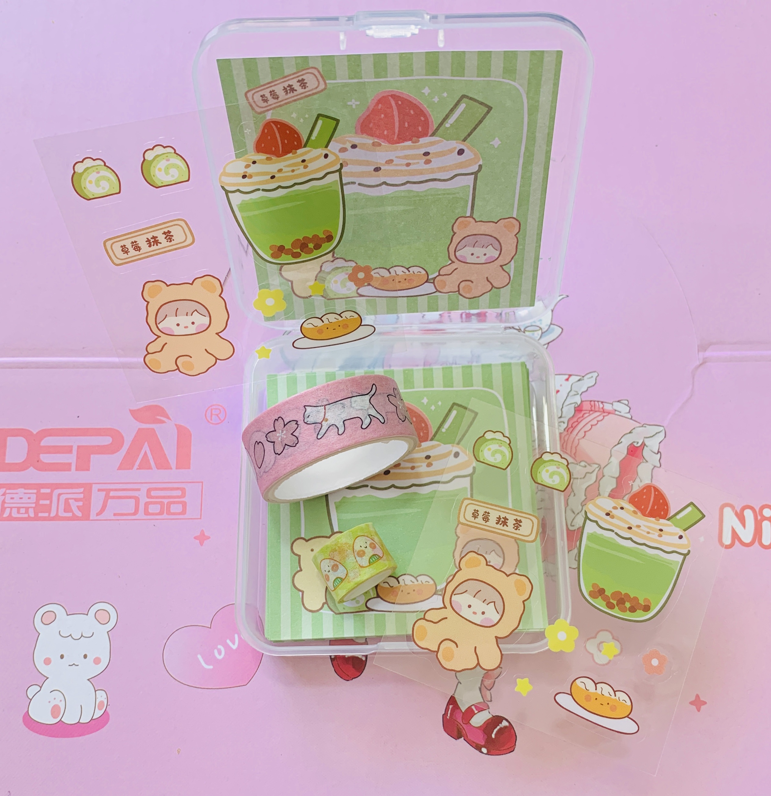 mini caixa washi tapes adesivos e papel de carta