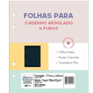 Folha para fichario colegial preta pautada